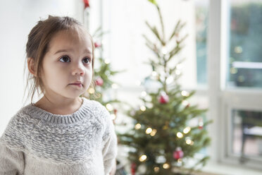 Wide-eyed girl looking up in front of Christmas tree - CAIF14059