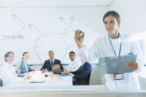 Wissenschaftler, der für Geschäftsleute und Kollegen chemische Formeln auf Glas zeichnet, lizenzfreies Stockfoto