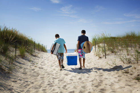 Rückansicht von Brüdern, die eine Kühlbox tragen, während sie am Strand spazieren gehen - CAVF06109