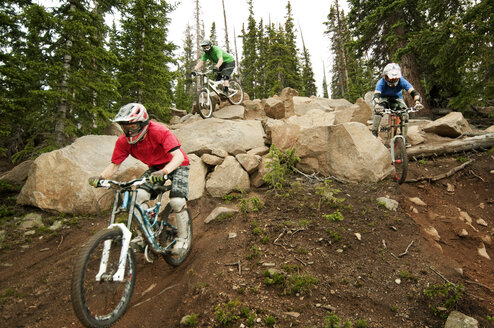 Mountainbiker fahren auf Felsen im Wald - CAVF06235