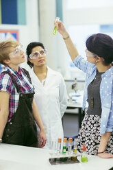 Lehrer und Schüler während einer Chemiestunde, mit Schutzbrille und Blick auf ein Reagenzglas mit grüner Flüssigkeit - CAIF15230