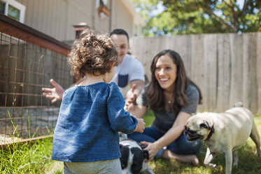 Glückliche Familie mit Hunden, die sich im Hinterhof vergnügen - CAVF06959