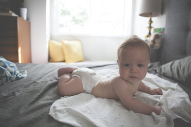 Portrait of little baby lying on front on spotted cloth with raised head - CAIF15334