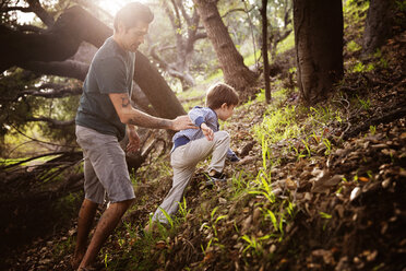 Mann hilft seinem Sohn beim Klettern im Wald - CAVF07110