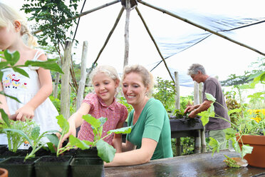 Smiling woman with two girls looking at seedlings in greenhouse, man in background - CAIF15717