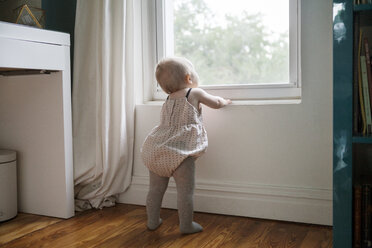 Rückansicht eines kleinen Mädchens, das durch ein Fenster schaut - CAVF07543