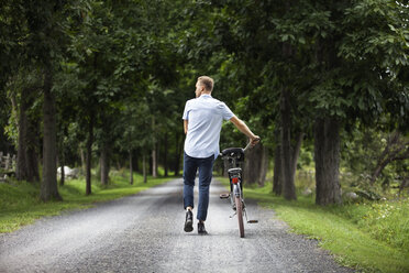 Rückansicht eines Mannes, der mit einem Fahrrad im Wald auf der Straße geht - CAVF07672
