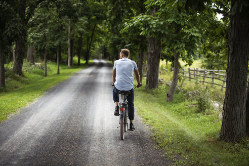 Rückansicht eines Mannes, der auf einer Straße im Wald Fahrrad fährt - CAVF07675
