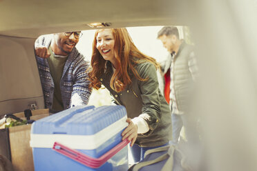 Friends unloading cooler from back of car - CAIF16053