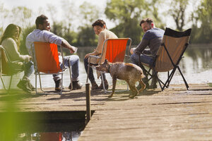 Freunde und Hund am sonnigen Steg am See - CAIF16080