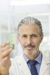 Porträt eines selbstbewussten Wissenschaftlers, der ein Röhrchen mit grüner Flüssigkeit hält - CAIF16522