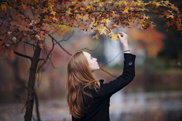 Woman touching leaf on tree - CAVF08314