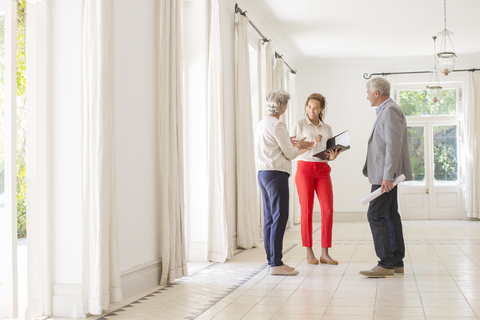 Älteres Paar im Gespräch mit Frau im Wohnraum, lizenzfreies Stockfoto