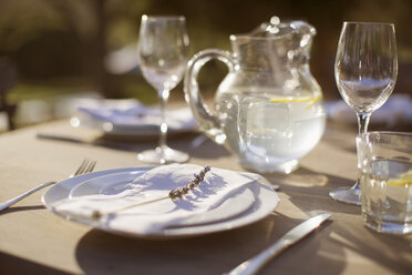Lavendelzweig auf Teller auf sonnigem Terrassentisch - CAIF17856