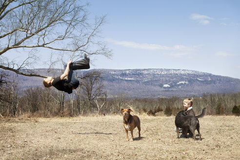 Junge macht Backflip mit Bruder und Hunden auf dem Feld - CAVF09639