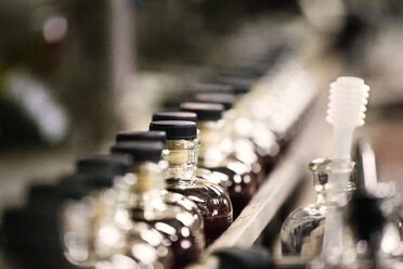 Close-up whiskey bottles in cider at distillery - CAVF09697