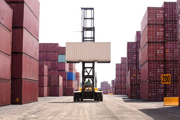 Person driving forklift by cargo containers at commercial dock - CAVF09750