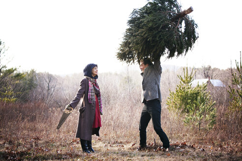 Man carrying pine tree while woman holding saw against clear sky - CAVF10068