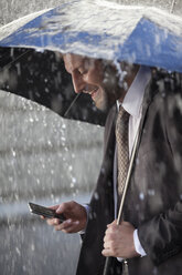 Geschäftsmann Text-Messaging auf dem Handy unter Regenschirm in regen - CAIF19718