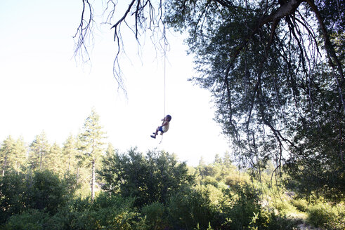 Girl swinging on rope swing at forest against clear sky - CAVF10370
