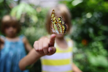 Schmetterling am Finger eines Mädchens im Park - CAVF10391