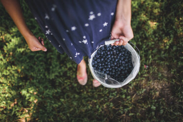 Hohe Winkel Ansicht des Mädchens hält Blaubeeren in Eimer, während stehend auf Feld - CAVF10467