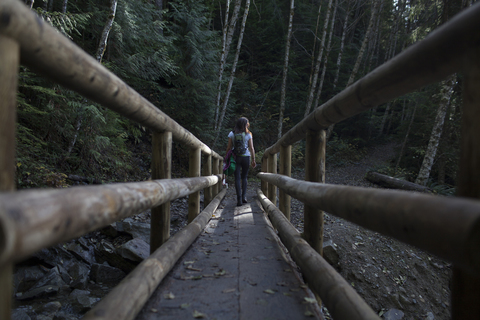 Rückansicht einer Frau, die auf einer Holzbrücke im Wald geht, lizenzfreies Stockfoto