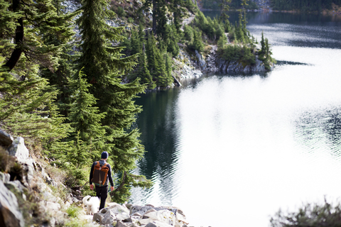 Blick von oben auf Wanderer und Hund auf den Felsen am Snow Lake, lizenzfreies Stockfoto