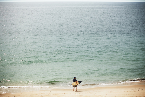 Rear view of man carrying surfboard while standing at shore stock photo