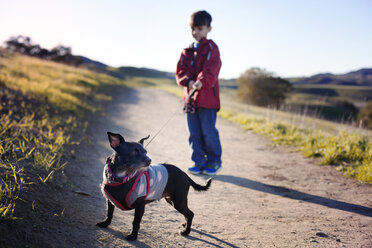 Junge, der seinen Hund an der Leine hält, während er auf dem Fußweg neben einem Feld steht - CAVF11087