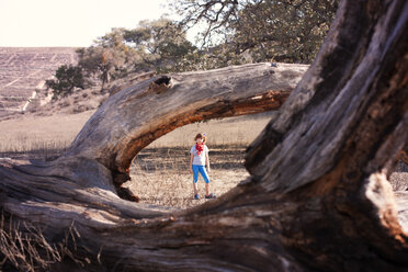 Portrait of girl seen through tree trunk on sunny day - CAVF11095