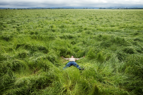 Man relaxing on grassy field stock photo