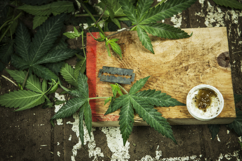 Draufsicht auf Cannabisblätter und Blatt auf dem Tisch, lizenzfreies Stockfoto