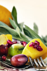 Nahaufnahme von Früchten mit Gabeln im Teller - CAVF11521