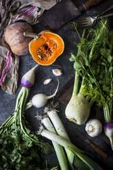 High angle view of various food on slate - CAVF12153