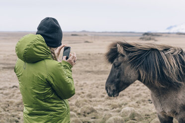 Rückansicht einer Frau, die ein Islandpferd mit dem Handy gegen den Himmel fotografiert - CAVF12389
