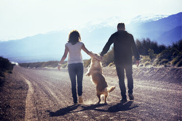 Rückansicht eines Mannes und einer Frau mit verspieltem Hund auf einem Feldweg - CAVF12428