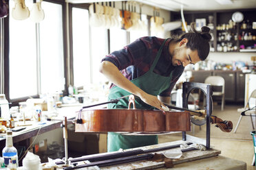 Mann reinigt Geige auf Ständer bei der Arbeit in der Werkstatt - CAVF12517