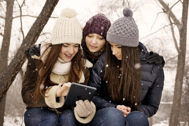 Friends using digital tablet in park during snowfall - CAVF12766