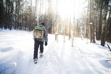 Rückansicht eines männlichen Wanderers mit Rucksack, der an einem sonnigen Tag durch einen verschneiten Wald läuft - CAVF12884