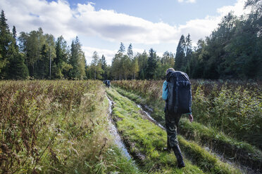 Rückansicht einer Frau mit Rucksack auf einer Wiese - CAVF13048