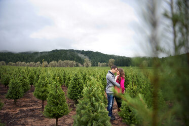 Paar, das sich umarmt, während es in einer Weihnachtsbaumfarm vor dem Himmel steht - CAVF13168