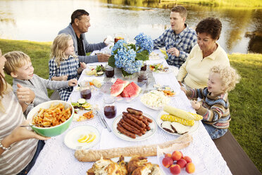 Hohe Winkel Ansicht der Multi-Generation Familie genießen auf Picknick-Tabelle - CAVF13803