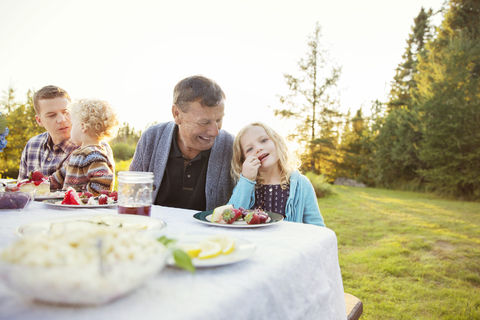 Familie genießt am Picknicktisch, lizenzfreies Stockfoto
