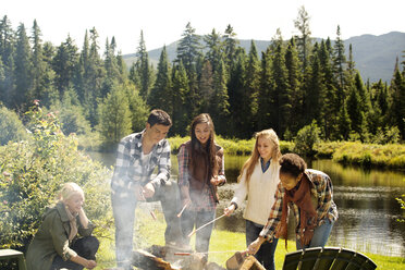 Friends cooking food on campfire at field against river - CAVF13851