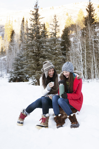 Fröhliche Familie mit Kaffee in der Hand auf einem Felsen in einem verschneiten Feld sitzend, lizenzfreies Stockfoto