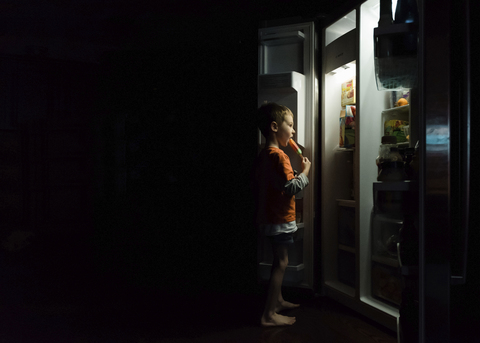 Junge isst Eis am Stiel vor dem Kühlschrank zu Hause, lizenzfreies Stockfoto