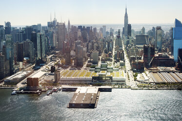 High angle view of river by cityscape against clear sky - CAVF14676