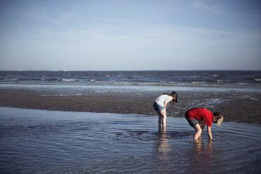 Brother and sister searching on sea shore against sky - CAVF15194