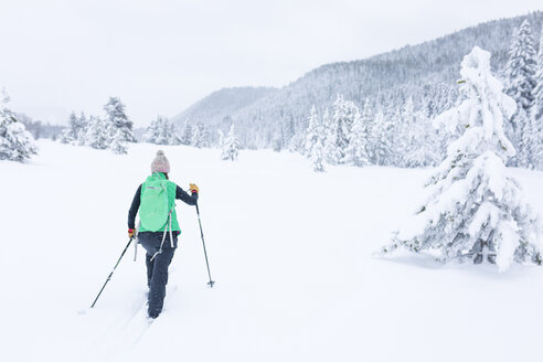 Rückansicht einer Wanderin, die auf einem schneebedeckten Feld wandert - CAVF15281